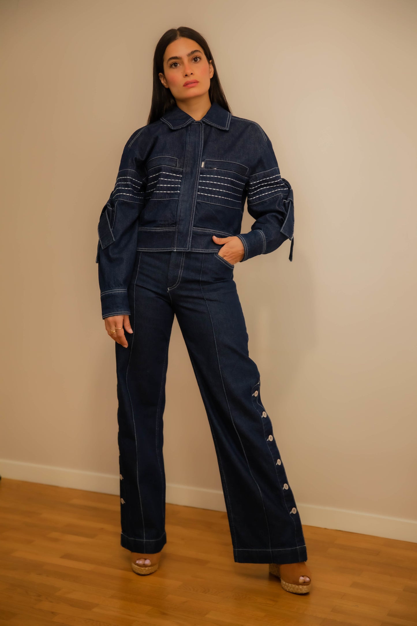 Denim jacket with embroidered sleeve trim details