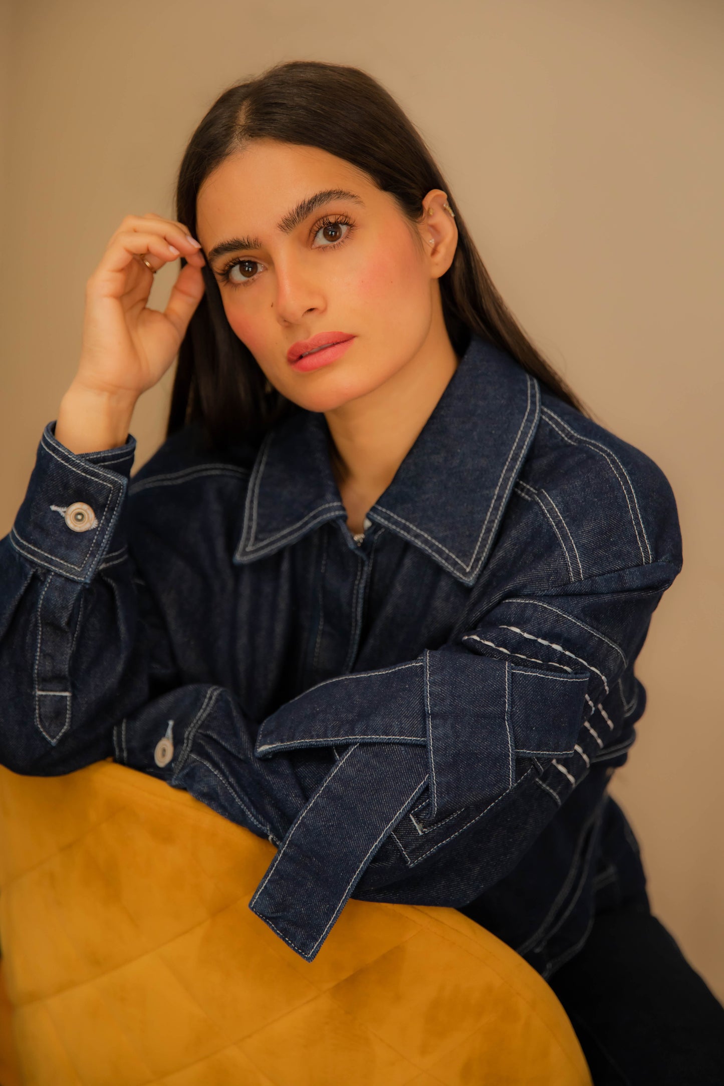 Denim jacket with embroidered sleeve trim details