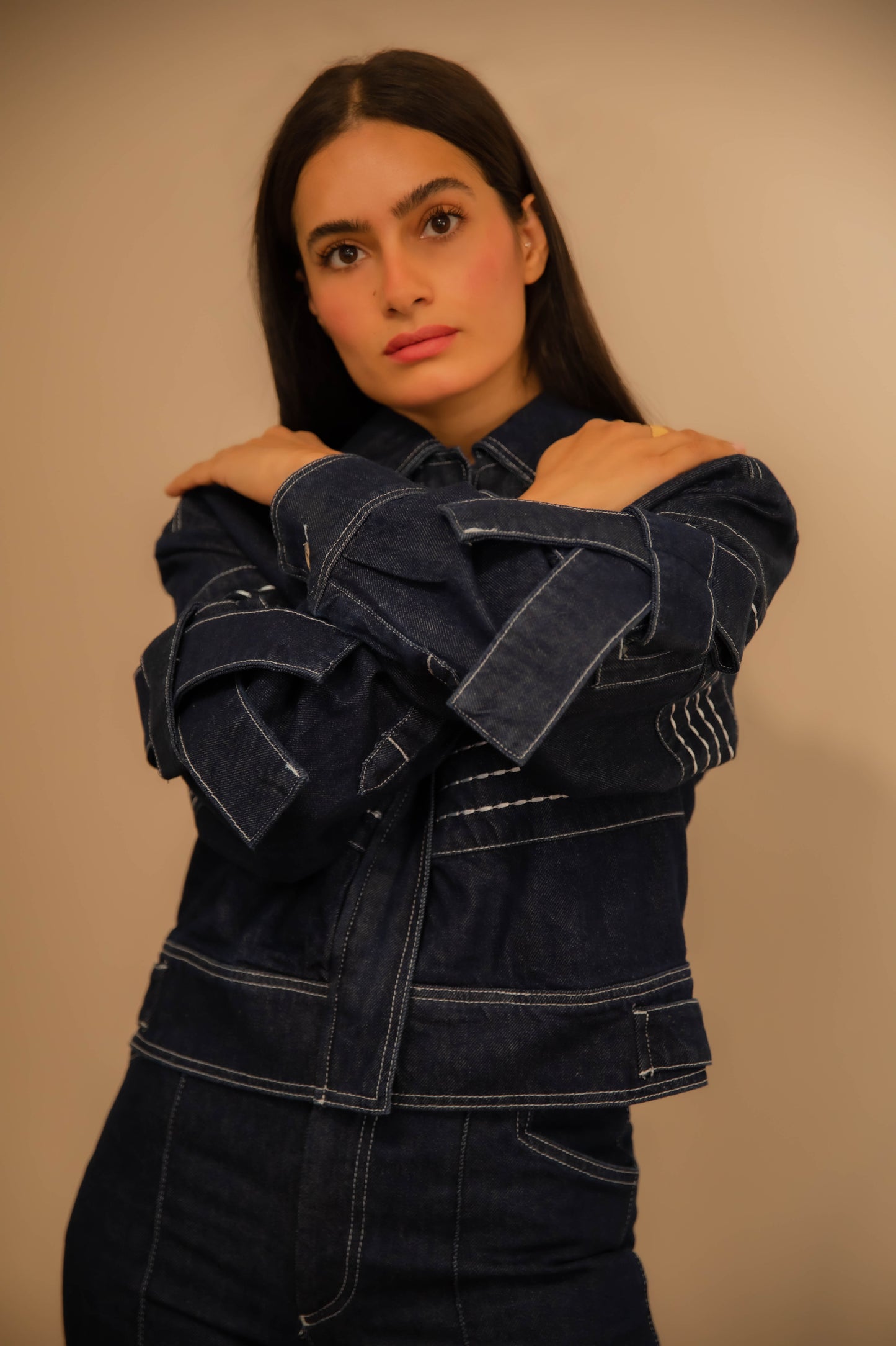 Denim jacket with embroidered sleeve trim details