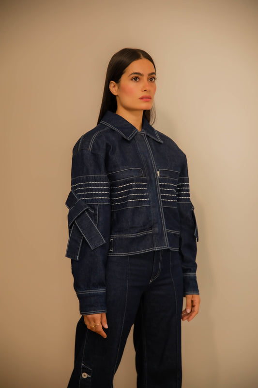 Denim jacket with embroidered sleeve trim details